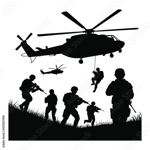 Military helicopter dropping soldiers onto a battlefield with troops on the ground