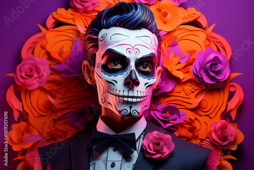 Man dressed as a Catrin on a background decorated with flowers, concept of Mexican tradition, cultural celebration and Day of the Dead, illustration
