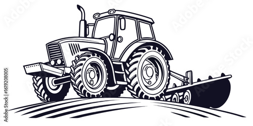 Clean line art illustration of a farm tractor in a simple graphic style suitable for agricultural or rural themes