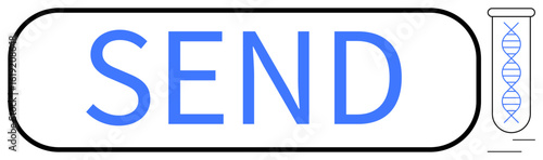 Blue SEND button next to a test tube containing a DNA double helix. Ideal for science, biotechnology, telemedicine, genetics, data transmission, innovation, and research themes. Modern flat metaphor