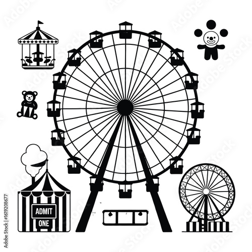 Whimsical black and white illustration of a carnival with a ferris wheel carousel and tents