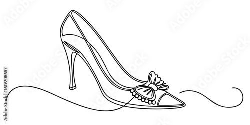 Elegant continuous line art drawing of a high heeled shoe showcasing a minimalist and sophisticated fashion accessory design
