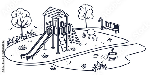 Charming line drawing illustration of a vibrant children s playground nestled within a lush green park perfect for creative projects