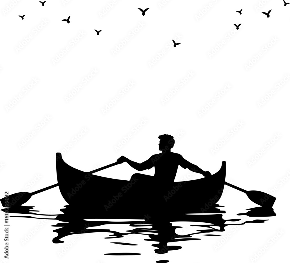 Naklejka premium silhouette of a man in a boat, boat, sunset, water, fishing, lake, sea, fisherman, river, silhouette, beach, sunrise, sky, people, landscape, nature, sun, ocean, fish, reflection, canoe, evening, kaya