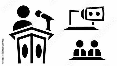 Illustration of a speaker at a podium with a microphone, a camera, and an audience in black and white silhouette