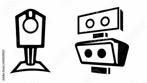 Two stylized black and white surveillance cameras with distinct designs and geometric shapes shown clearly silhouette