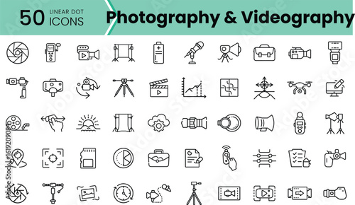 A collection of 50 linear dot icons representing photography and videography tools, showcasing various equipment and symbols in a minimalistic design.