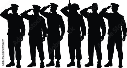 Military unity saluting soldiers vector clipart hero tribute honor service silhouette illustration