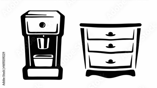 Illustration showing a coffee maker and a chest of drawers in black and white minimalist style art design silhouette