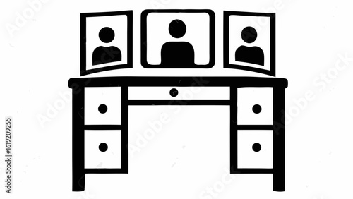 Illustration of a vanity table with three mirrors and drawers in a simple black and white design style silhouette
