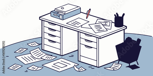 Cluttered office desk overflowing with disorganized paperwork and office supplies illustrating chaos and a busy work environment