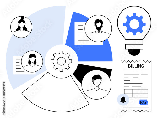 Gear and connected segments depicting teamwork, process automation, and task delegation. Lightbulb for innovation, billing sheet for financial processes. Ideal for collaboration, workflow, finance