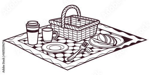 Charming hand drawn illustration of picnic essentials featuring a checkered tablecloth and various food and drink items perfect for summer gatherings and outdoor activities