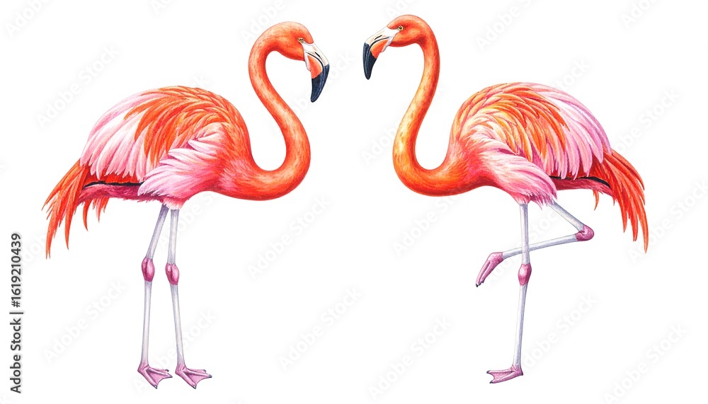 Fototapeta premium Two pink flamingos facing each other