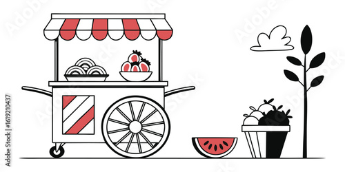 Simple black and white line art illustration of a classic street food cart perfect for culinary themes and urban scenes