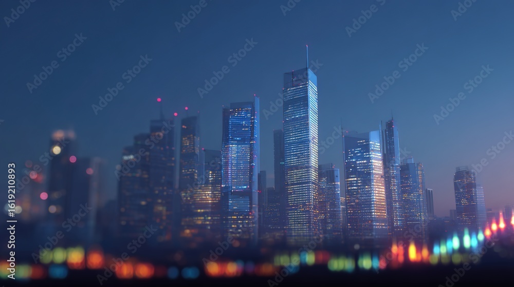 Obraz premium Cityscape at Dusk: A mesmerizing cityscape glows with a multitude of lights as dusk settles in, the scene creates a feeling of modernity and urban life.