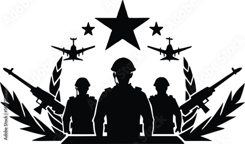 Silhouette Vector of Saluting Soldiers Honoring Armed Forces for Memorial Day Clipart