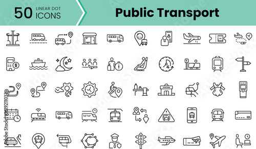 A collection of 50 linear icons representing various modes of public transport, including buses, trains, and airplanes, showcasing modern travel conveniences.