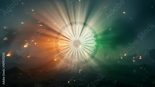 ashoka chakra independence day india flag celebration tricolor fireworks indian colors glowing battlefield scene