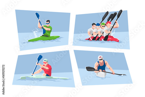 Man kayak athlete character set. Kayak sprint, water sport, race. Flat vector cartoon illustration.