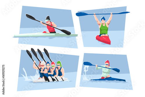 Woman kayak athlete character set. Kayak sprint, water sport, race. Flat vector cartoon illustration.
