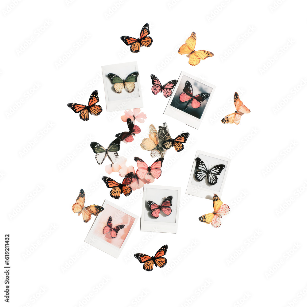 Fototapeta premium Pastel butterflies and instant photos