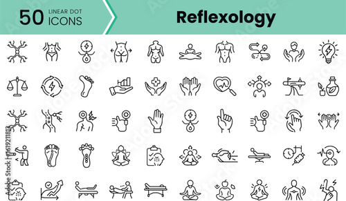 A diverse set of 50 linear dot icons representing reflexology, featuring symbols of feet, hands, and wellness activities in a clean, minimalist design.