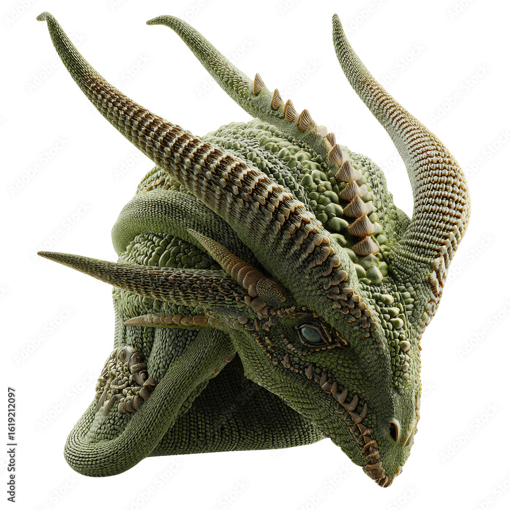 Obraz premium A mythical dragon sculpture featuring intricate scales and impressive horns, perfect for fantasy art themes.