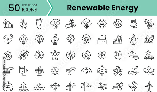 A collection of 50 linear dot icons representing renewable energy concepts like solar, wind, and water, showcasing sustainability and eco-friendly solutions.