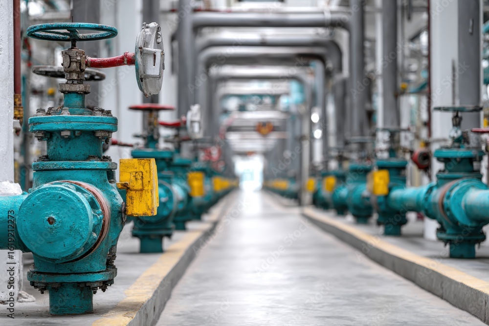 Fototapeta premium Industrial pipeline with valves and equipment in a factory setting, showcasing infrastructure