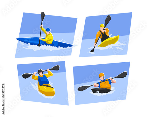 Male canoe slalom athlete character set. Canoeing, water sport, race. Flat vector cartoon illustration.