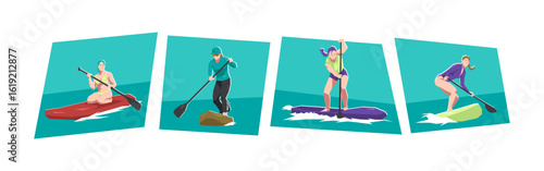 Stand up paddle boarding woman athlete character set. SUP, water sport, race. Flat vector cartoon illustration.