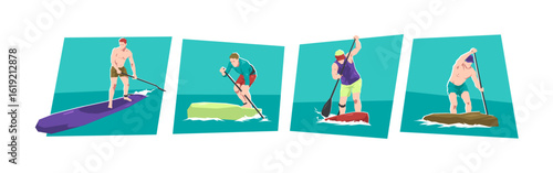 Stand up paddle boarding male athlete character set. SUP, water sport, race. Flat vector cartoon illustration.