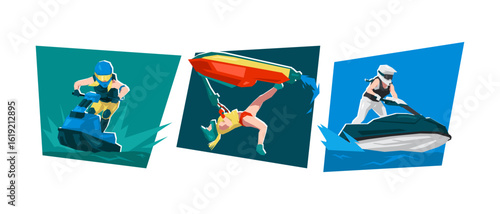 Illustration of female riding Jet ski character. Water sport, race, freestyle, vehicle. Flat vector cartoon style.
