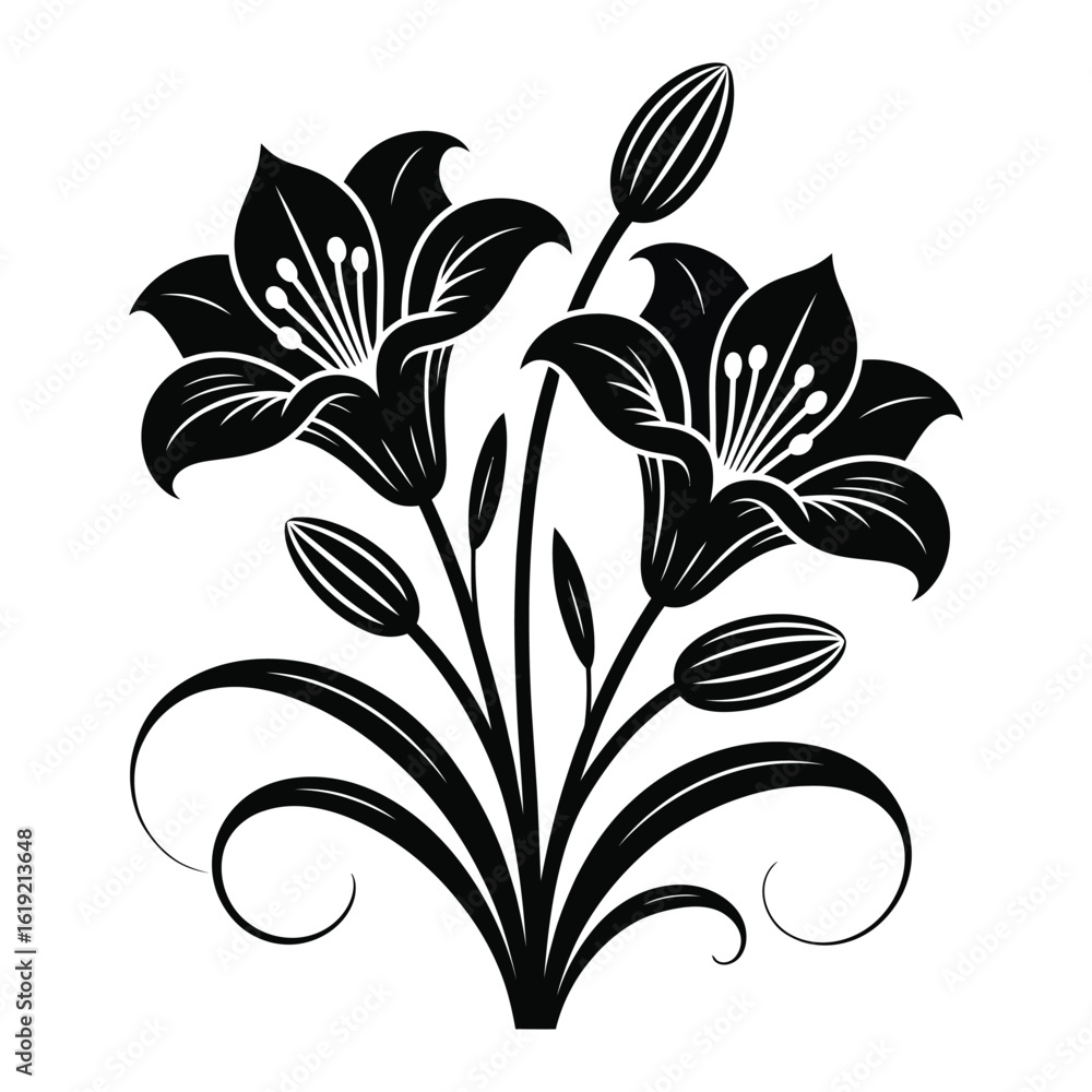 Elegant black and white floral illustration of lily flowers and buds Elegant black and white floral illustration of lily flowers and buds