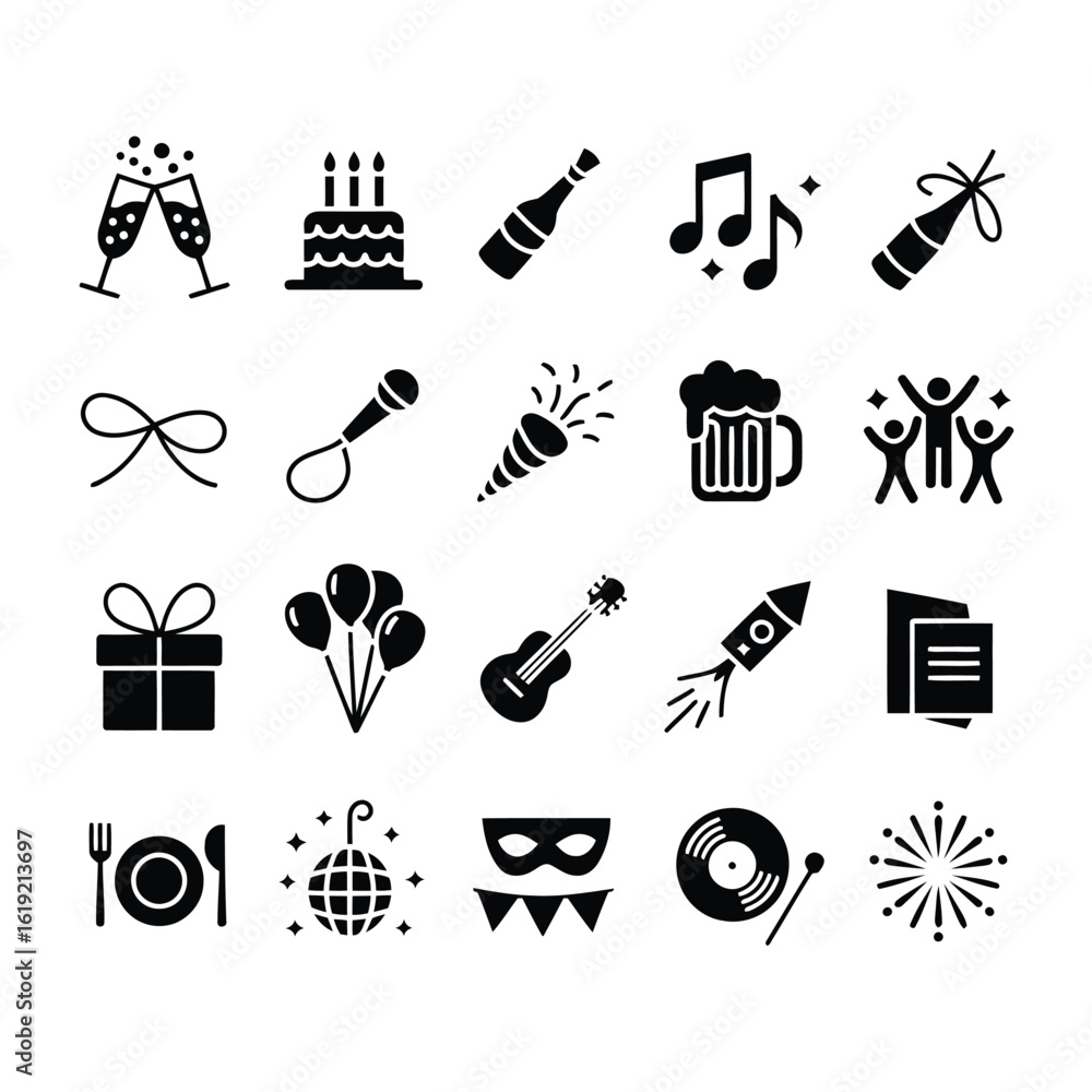 Fototapeta premium Celebration icons for parties and events party black