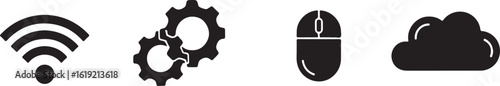 Set of technology icons including wi fi gears computer mouse and cloud isolated on transparent background