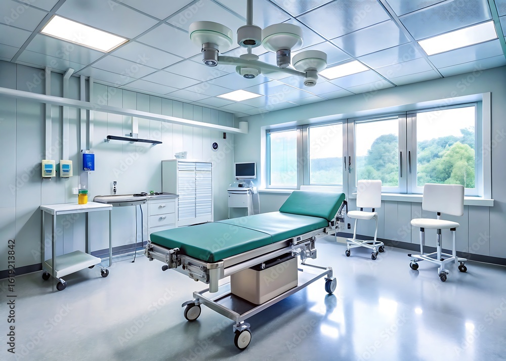 Modern operating room with surgical bed and medical equipment ready for procedure Modern operating room with surgical bed and medical equipment ready for procedure