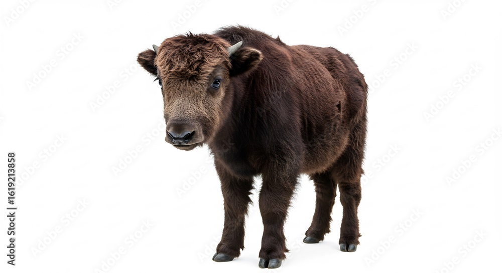 Fototapeta premium Dark brown yak stands calmly against bright white background. AI Generated