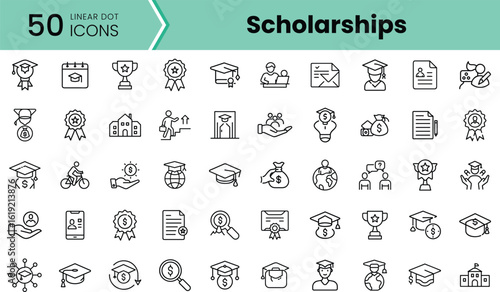 A collection of 50 linear icons representing various aspects of scholarships, including awards, education, and achievements, all in a minimalist style.