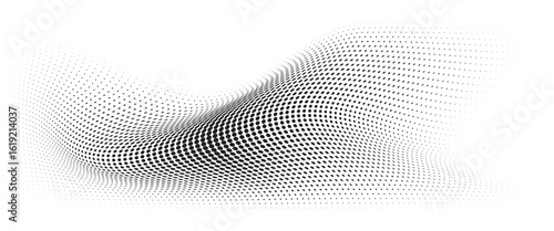 Flowing Wave Dot Halftone Pattern: Curve Gradient Shape on Transparent Background. Suitable for AI, Tech, Network, Digital, Science, and Technology Themes.