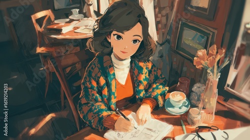 Woman working at a cozy cafe table.