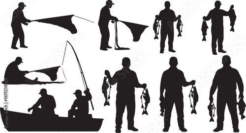 Collection of fisherman silhouettes in various poses isolated on transparent background