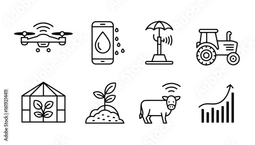 Drone mobile phone sprinkler tractor greenhouse plant cow growth chart vector