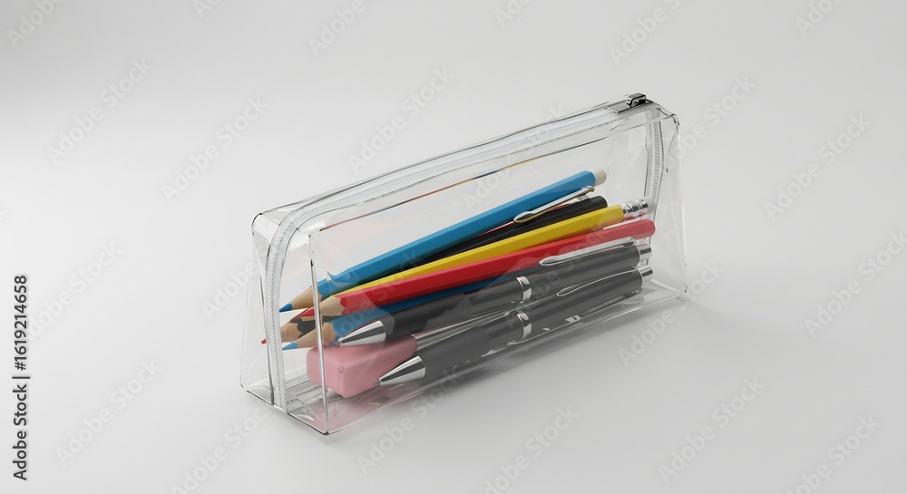 Transparent pencil case neatly holds colorful pens pencils. AI Generated