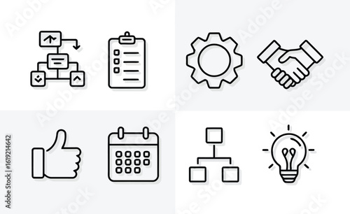 Flowchart handshake calendar gear thumbsup lightbulb checklist vector