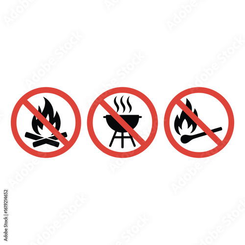 Three red circular prohibition signs showing no open fire no grilling no matches