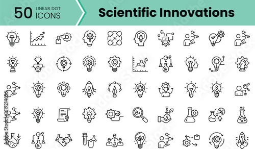 A collection of 50 linear icons depicting scientific innovations, including light bulbs, laboratory equipment, and research concepts, conveying a modern and intellectual vibe.