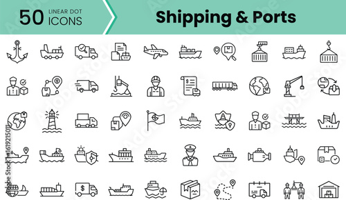A collection of linear dot icons representing various aspects of shipping and ports, including ships, cargo, and maritime workers, set against a bright background.