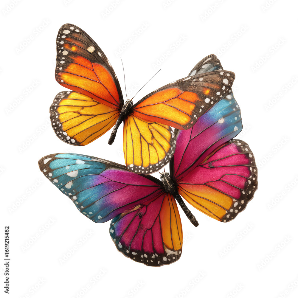 Obraz premium Two vibrant butterflies in flight, showcasing a mix of orange, yellow, pink, and blue hues against a black background